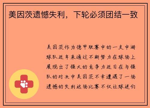 美因茨遗憾失利，下轮必须团结一致