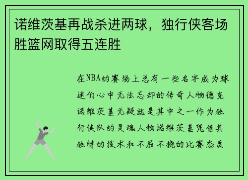 诺维茨基再战杀进两球，独行侠客场胜篮网取得五连胜