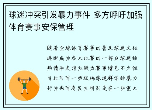 球迷冲突引发暴力事件 多方呼吁加强体育赛事安保管理