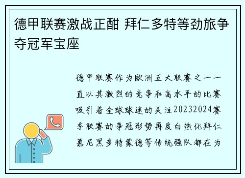 德甲联赛激战正酣 拜仁多特等劲旅争夺冠军宝座